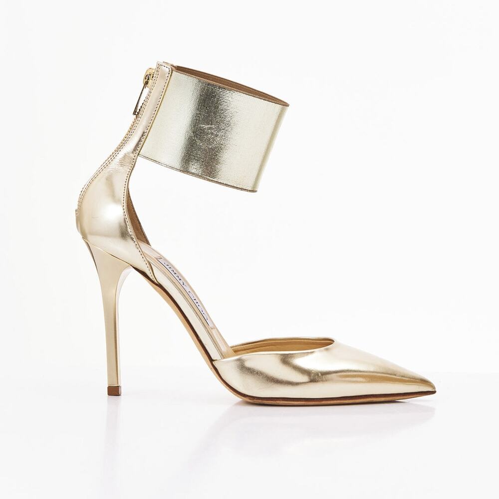 Jimmy Choo Trinny 85 Gold Mirror Leather Ankle Cuff Heels Pumps 40